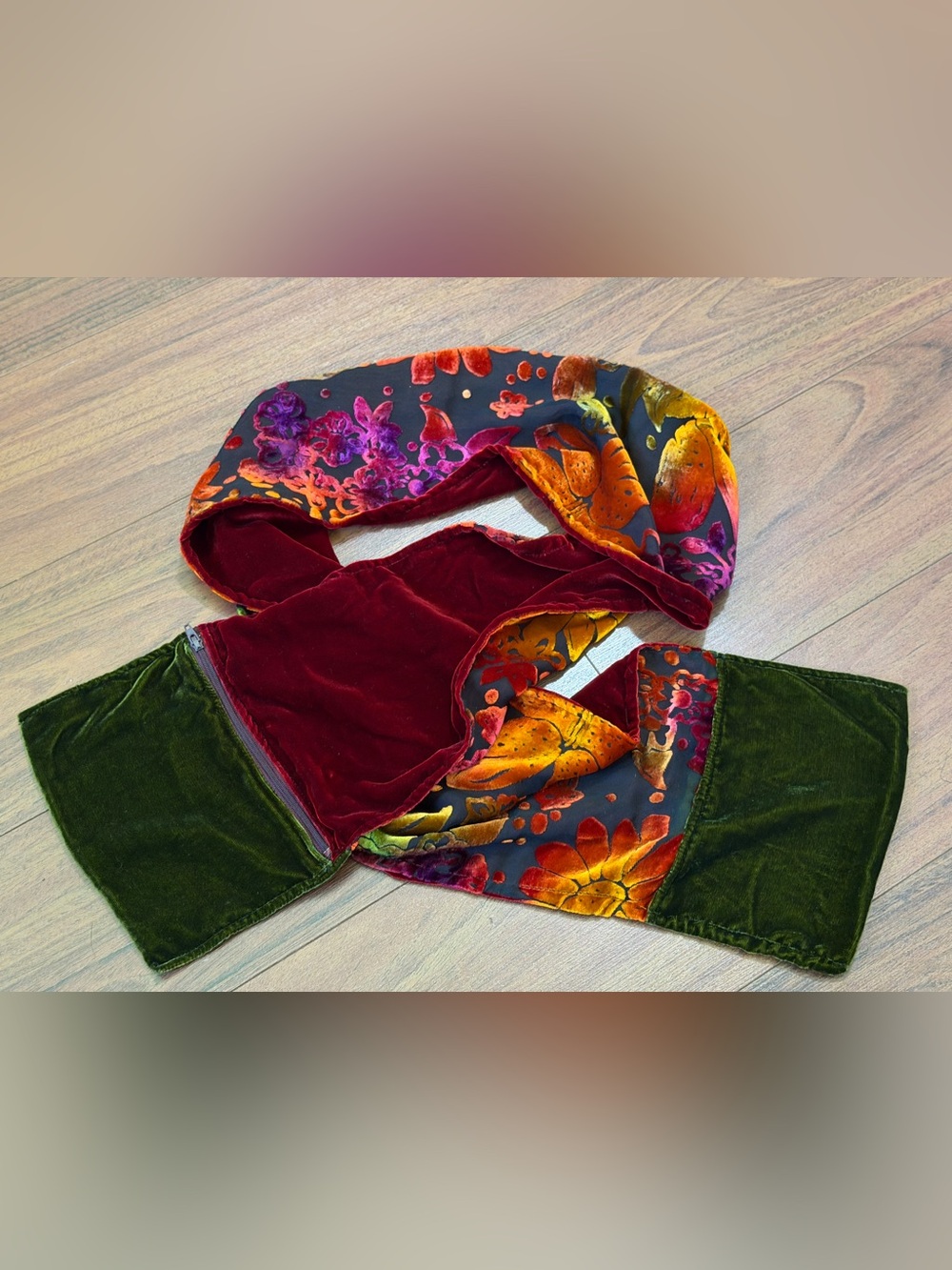 Vintage designer velvet patchwork floral bright long scarf with zip pocket